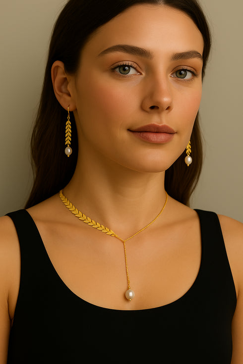 Laurel Leaf Pearl Drop Necklace, Earrings, or Full Set - Zafari Studio Jewelry