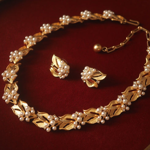 Vintage Leaf Pearls Necklace,Bracelet and Earrings Set (Purchase Individually) - Zafari Studio Jewelry