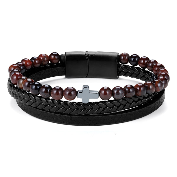 Dark Red Beaded & Black Leather Cross Bracelet