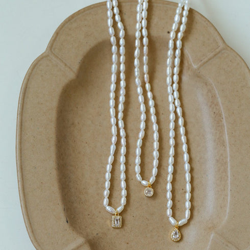 White Zirconia Rice Pearl Necklace - Zafari Studio Jewelry