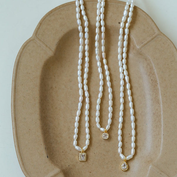 White Zirconia Rice Pearl Necklace - Zafari Studio Jewelry