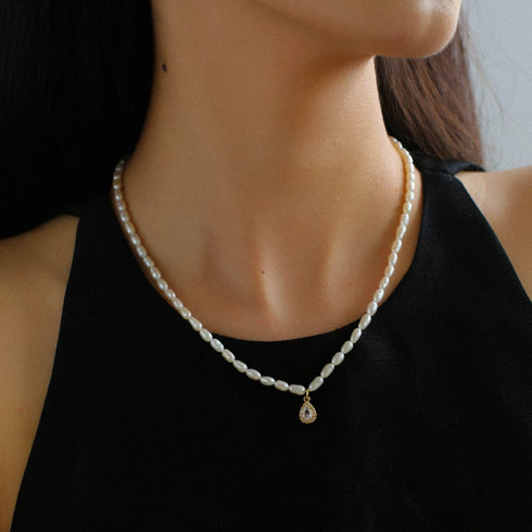 White Zirconia Rice Pearl Necklace - Zafari Studio Jewelry