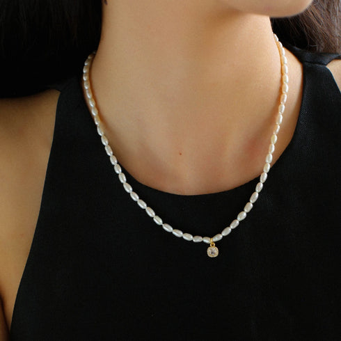 White Zirconia Rice Pearl Necklace - Zafari Studio Jewelry