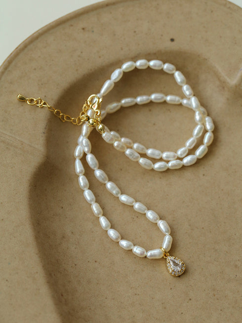 White Zirconia Rice Pearl Necklace - Zafari Studio Jewelry