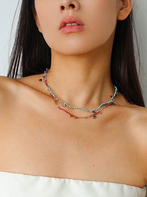 Natural Stones Beaded Gold Coin Pendant Necklace - Zafari Studio Jewelry