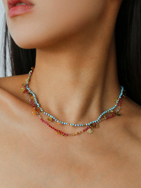 Natural Stones Beaded Gold Coin Pendant Necklace - Zafari Studio Jewelry