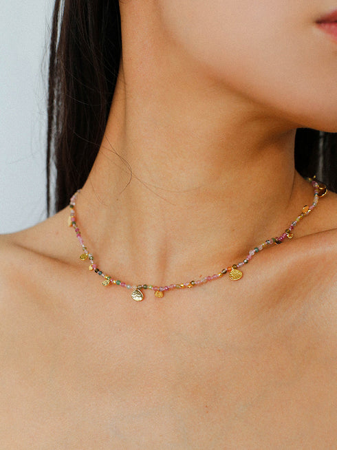 Natural Stones Beaded Gold Coin Pendant Necklace - Zafari Studio Jewelry