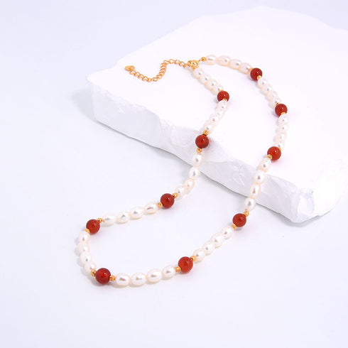 Natural Red Agate Pearl Beaded Necklace - Zafari Studio Jewelry