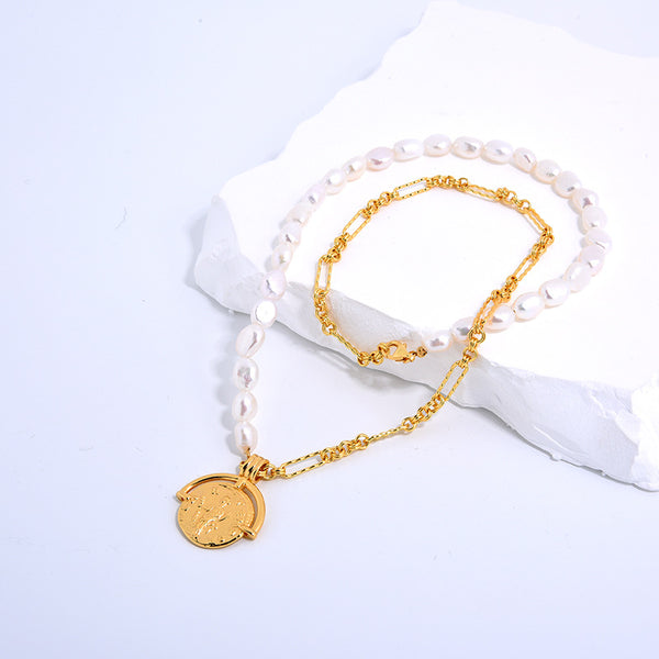 Freshwater Pearl Beads Gold Chain & Coin Pendant - Zafari Studio Jewelry