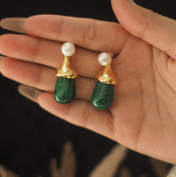 Vintage Pearl & Peacock Green Gemstone Earrings - Zafari Studio Jewelry
