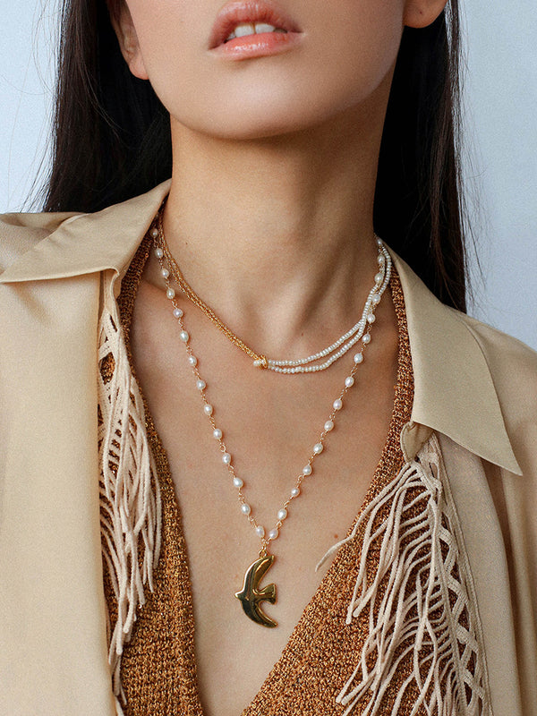 Gold Pigeon Pendant Freshwater Pearl Necklace - Zafari Studio Jewelry