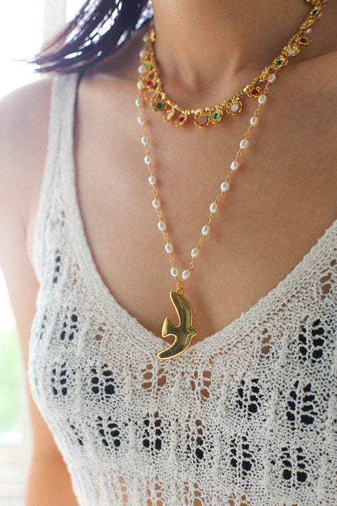 Gold Pigeon Pendant Freshwater Pearl Necklace - Zafari Studio Jewelry