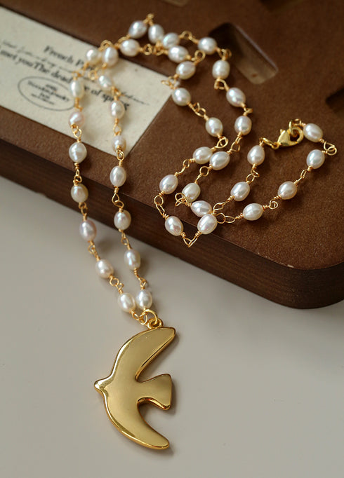 Gold Pigeon Pendant Freshwater Pearl Necklace - Zafari Studio Jewelry