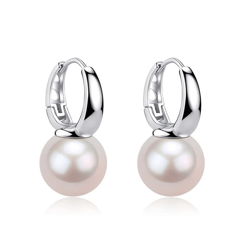 Round Hoop Freshwater Pearl 9.0-10.0mm Earrings Sterling Silver - Zafari Studio Jewelry