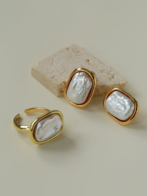 Geometric Square Pearl Stud Earrings, Ring or Full Set