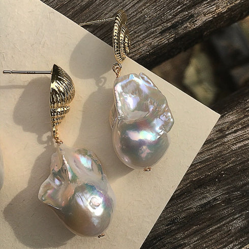 Shell Conch Baroque Pearl Earrings - Zafari Studio Jewelry