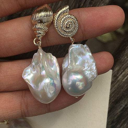 Shell Conch Baroque Pearl Earrings - Zafari Studio Jewelry