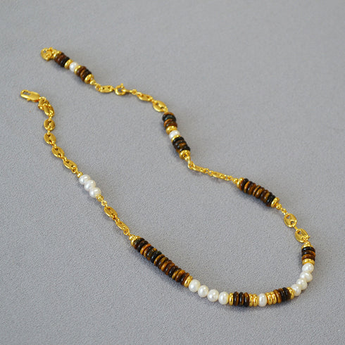 Tiger Eyes Gemstons with Pearls Necklace - Zafari Studio - Zafari Jewlery