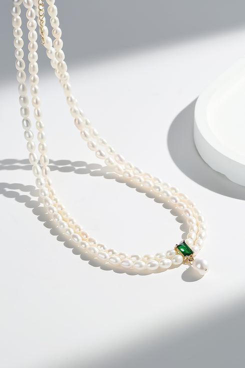 Super-Slim Freshwater Pearl Double Strand Emerald Layer Necklace - Zafari Studio Jewelry