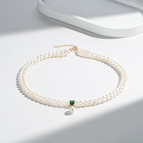 Super-Slim Freshwater Pearl Double Strand Emerald Layer Necklace - Zafari Studio Jewelry
