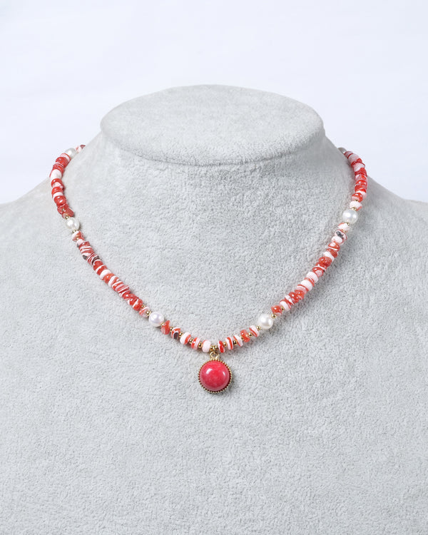 Red Coral Beaded with Pearl and Pendant Necklace