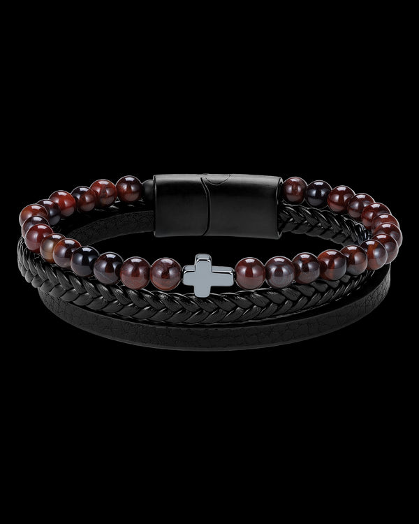 Dark Red Beaded & Black Leather Cross Bracelet