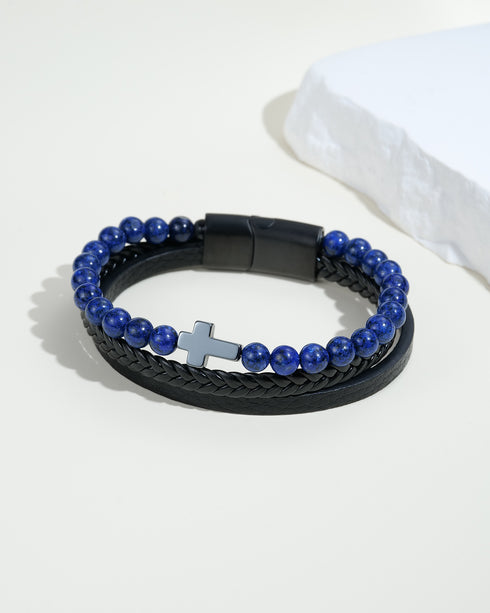Lapis Cross Leather Bracelet