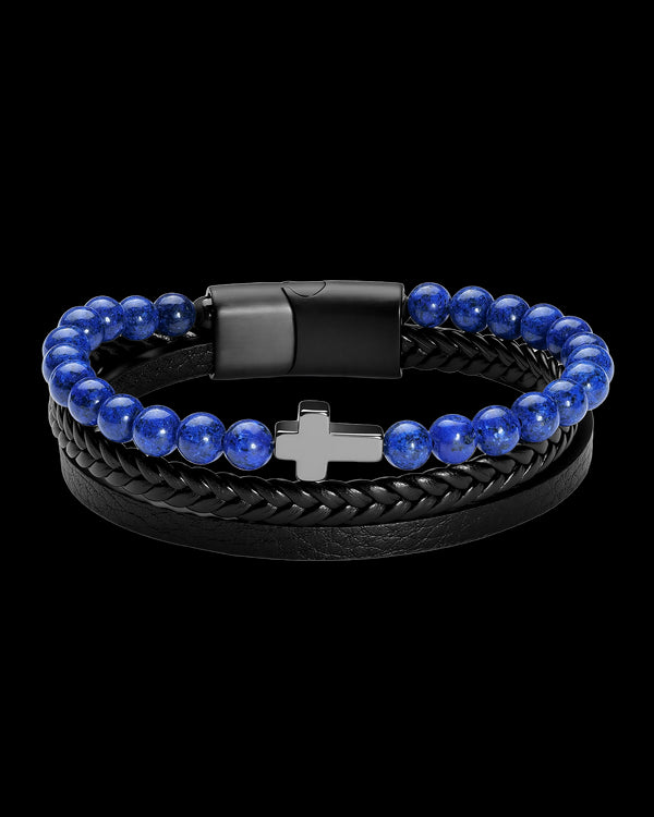 Lapis Lazuli Bead Cross Charm & Leather Bracelet