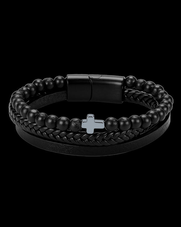 Matte Black Beaded Leather Cross Bracelet