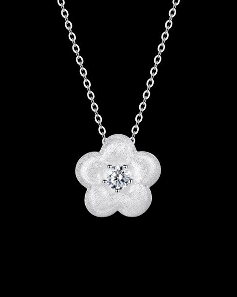 Flower Zircon Center Pendant Necklace Sterling Silver