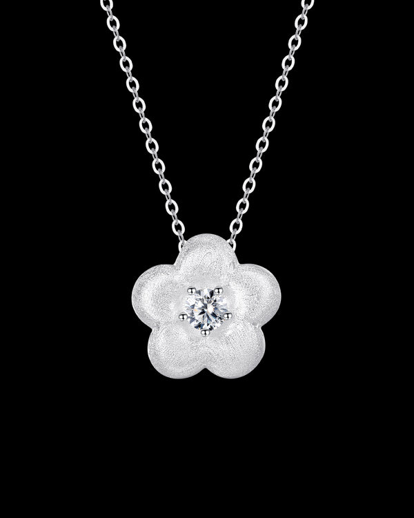 Flower Zircon Center Pendant Necklace Sterling Silver