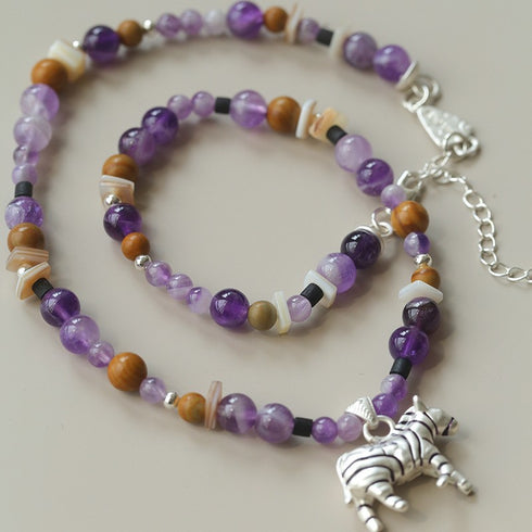 Agate Wood Beaded Zebra Pendant Necklace - Zafari Studio Jewelry