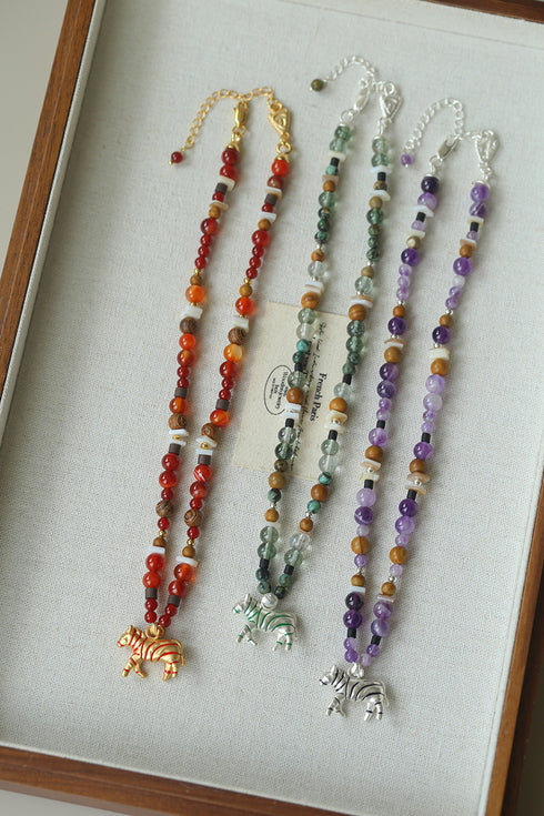 Agate Wood Beaded Zebra Pendant Necklace - Zafari Studio Jewelry