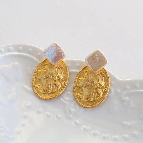 Oval Goddess Gold Coin Pearl Necklace and Earrings (Purchase Individually) - Zafari Studio Jewelry