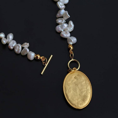 Oval Goddess Gold Coin Pearl Necklace and Earrings (Purchase Individually) - Zafari Studio Jewelry