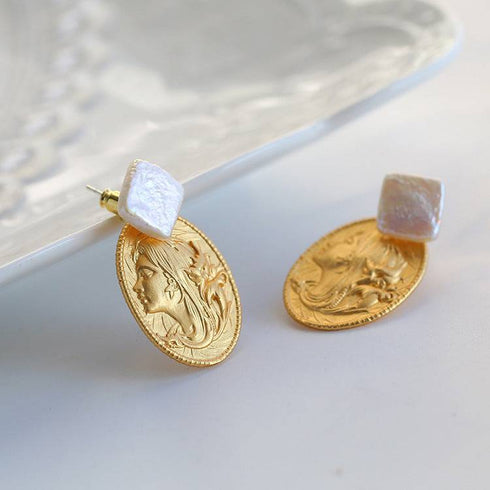 Oval Goddess Gold Coin Pearl Necklace and Earrings (Purchase Individually) - Zafari Studio Jewelry