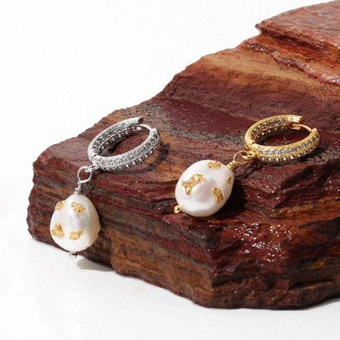 Zircon Baroque Pearl Drop Gold Foil Earrings - Zafari Studio Jewelry