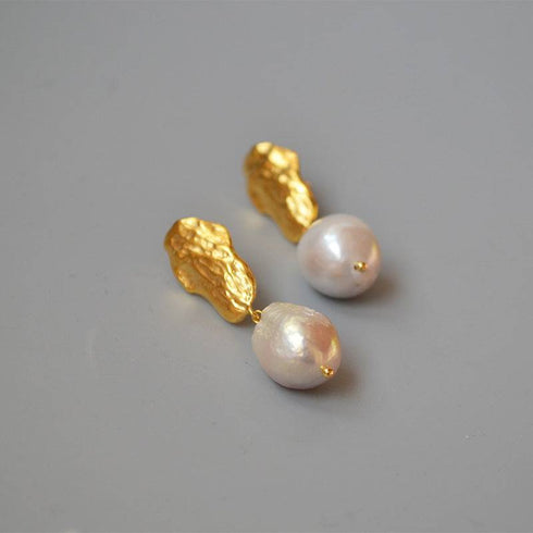 Long drop gold baroque pearl earrings - Zafari Studio Jewelry