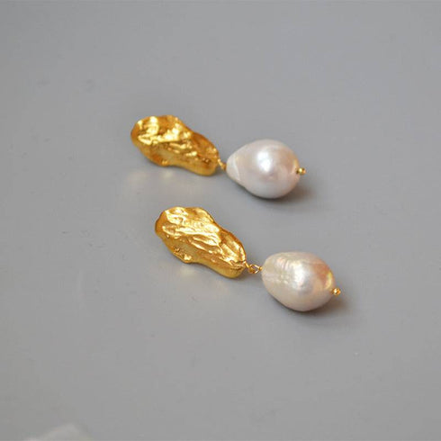 Long drop gold baroque pearl earrings - Zafari Studio Jewelry