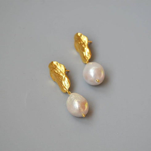 Long drop gold baroque pearl earrings - Zafari Studio Jewelry