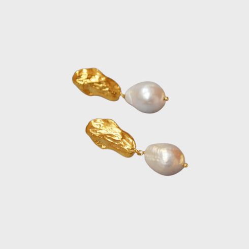 Long drop gold baroque pearl earrings - Zafari Studio Jewelry