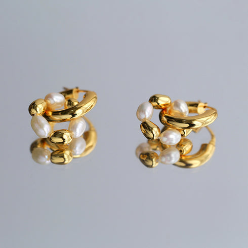 Gold Bean Hoops Pearl Earring Gold Vermeil - Zafari Studio Jewelry