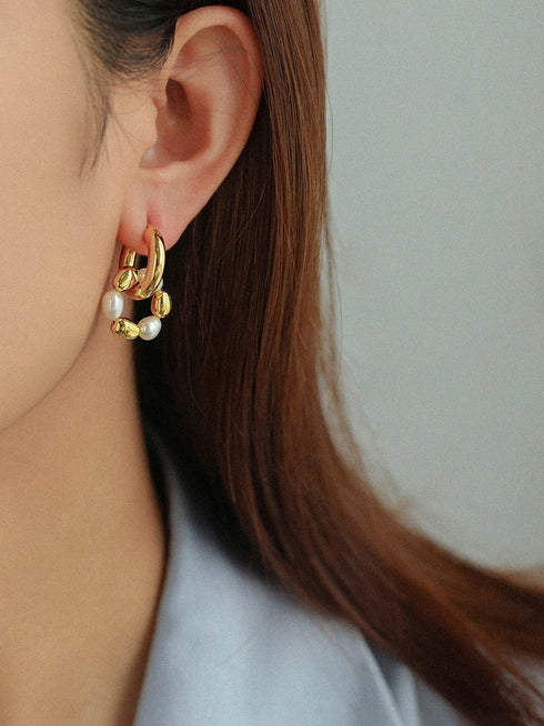 Gold Bean Hoops Pearl Earring Gold Vermeil - Zafari Studio Jewelry
