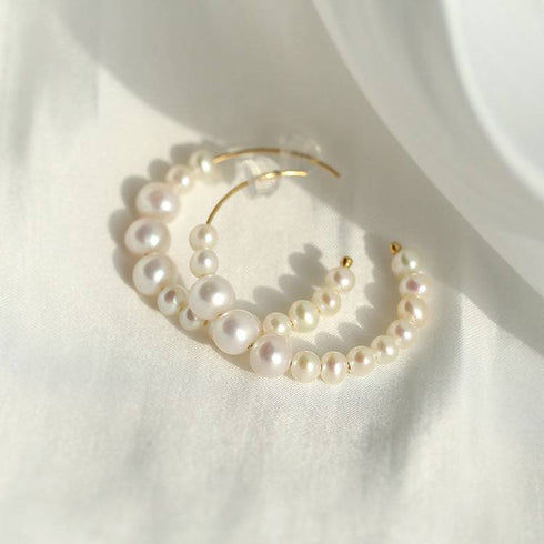 C Shape Pearl Hoops Earrings 14K Yellow Gold - Zafari Studio Jewelry
