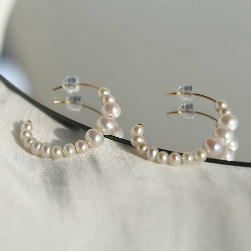 C Shape Pearl Hoops Earrings 14K Yellow Gold - Zafari Studio Jewelry