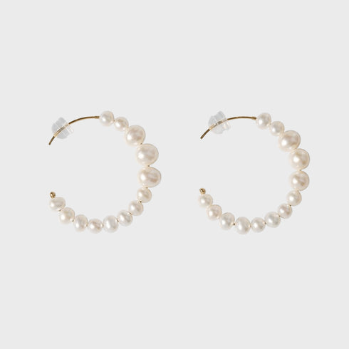C Shape Pearl Hoops Earrings 14K Yellow Gold - Zafari Studio Jewelry