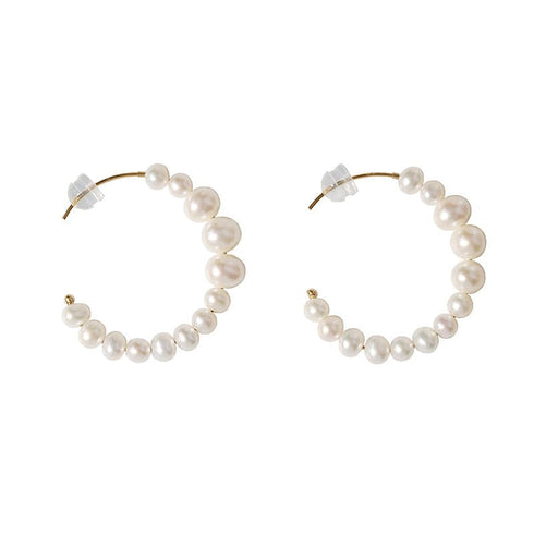 C Shape Pearl Hoops Earrings 14K Yellow Gold - Zafari Studio Jewelry
