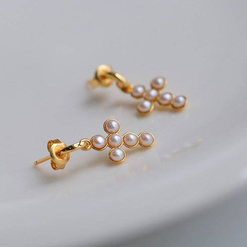 Vintage Cross Pearl Earrings Gold Vermeil - Zafari Studio Jewelry