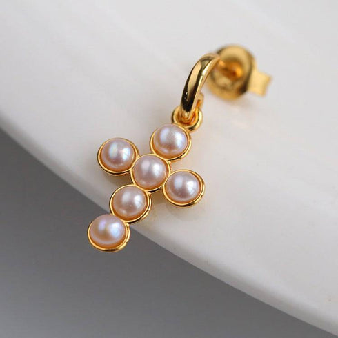 Vintage Cross Pearl Earrings Gold Vermeil - Zafari Studio Jewelry