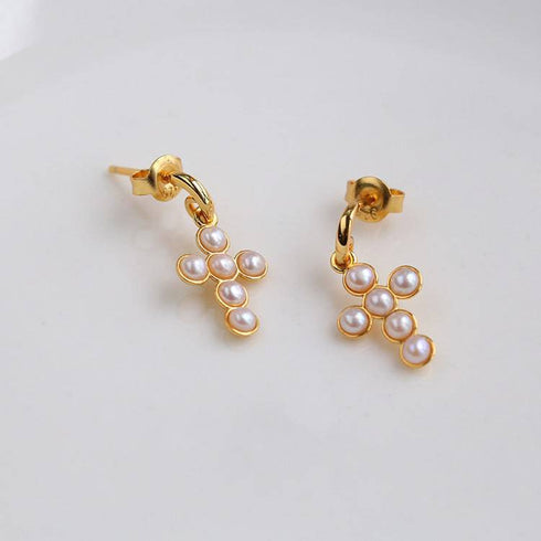 Vintage Cross Pearl Earrings Gold Vermeil - Zafari Studio Jewelry